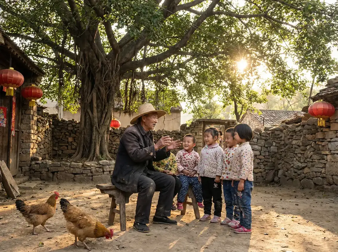 老人在大榕树下给孩子们讲故事 - 口袋妖怪黑白2金手指 乡村记忆